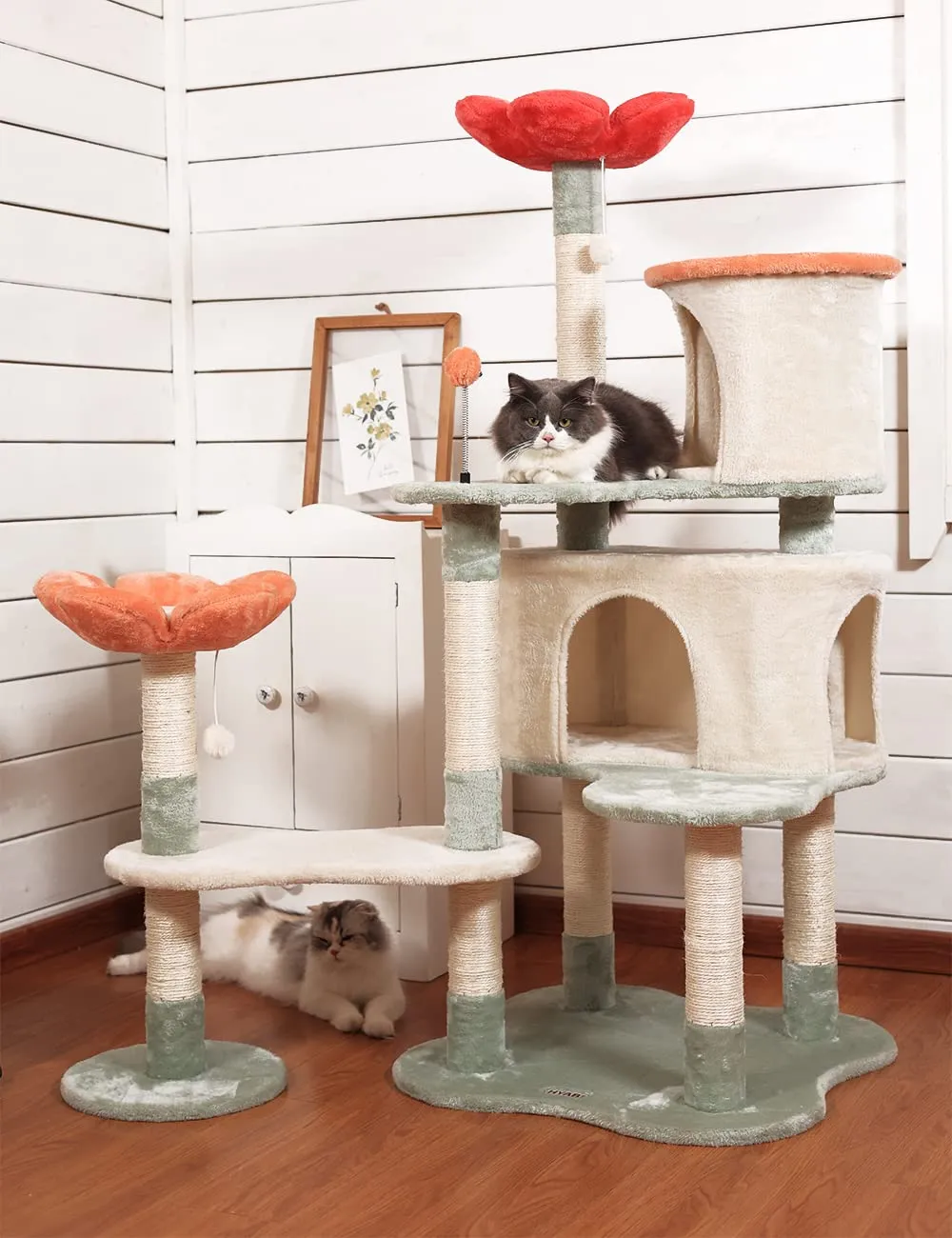 56.3in Flower Collapsible Cat Tree Tower Condo Furniture Apartment Plush Habitat Kitten Amusement Platform