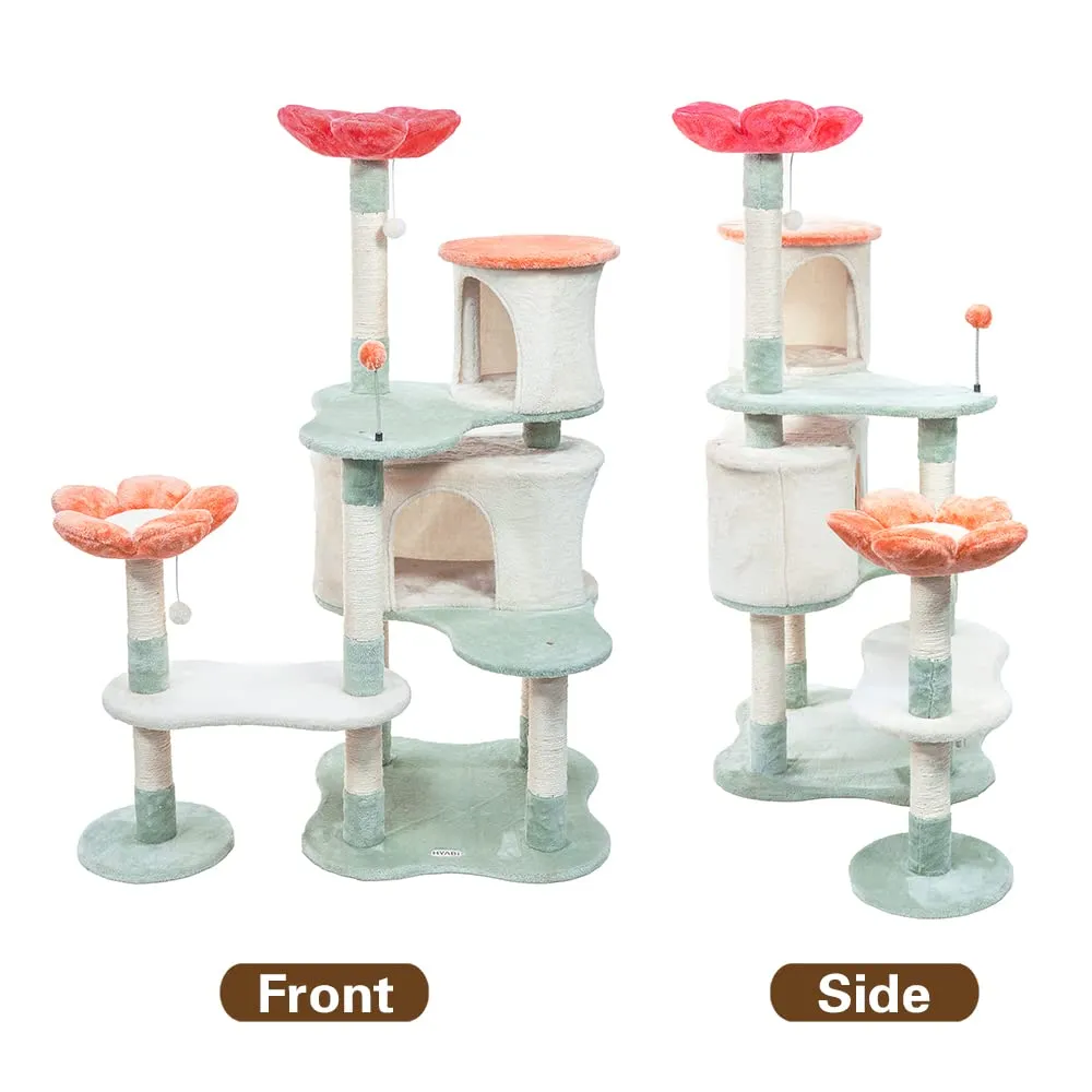 56.3in Flower Collapsible Cat Tree Tower Condo Furniture Apartment Plush Habitat Kitten Amusement Platform