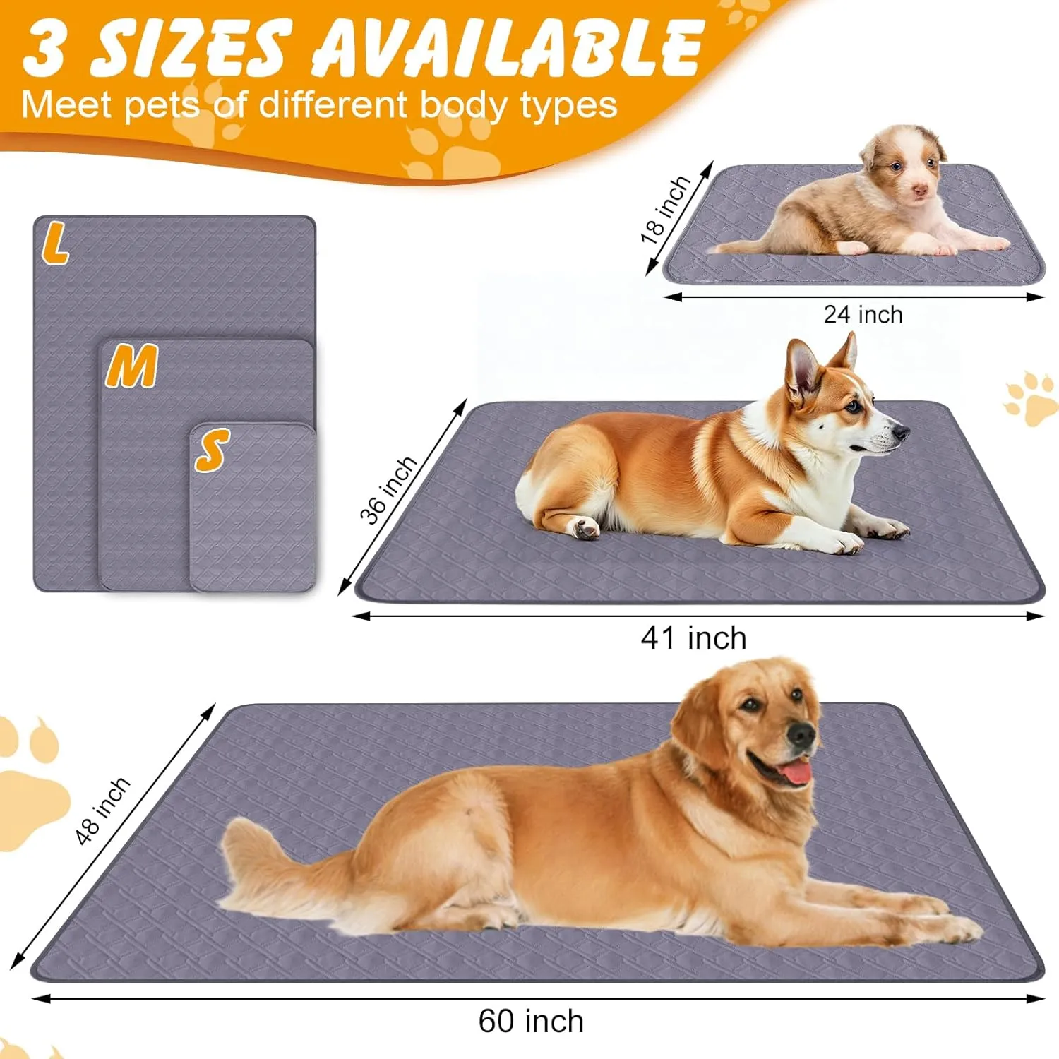 60x48 Washable Pee Pads for Dogs, 2 Pack Reusable Puppy Pads, Waterproof & Leakproof Non-Slip Pet Pee Pads, 4 Layer Design Reusable Pet Training Pads for Dogs, Cats, Bunny, Grey