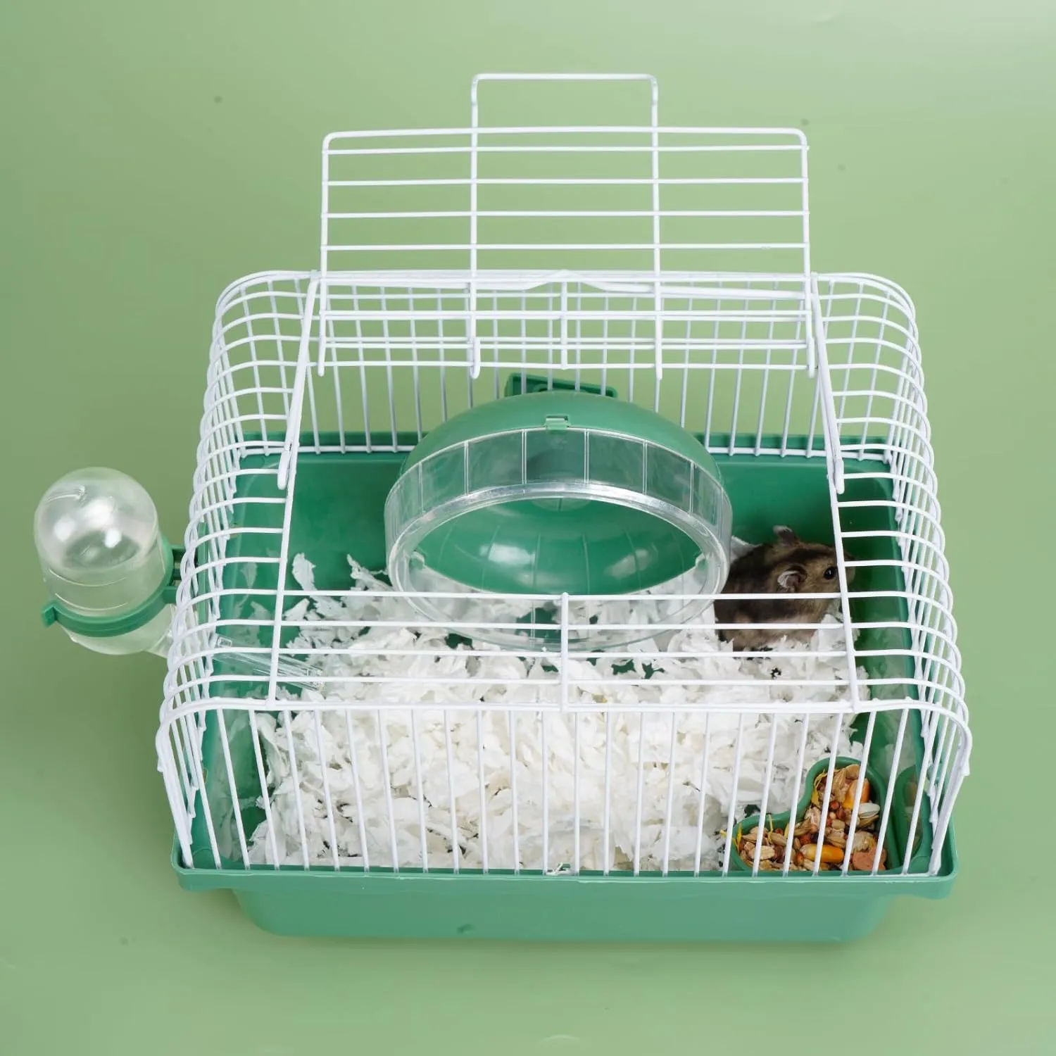 9.16.76.3 inch Small Portable Hamster Cages, Hamster Carrier, Pet Travel Carrier, Small Animal Pet Cages, with Water Bottle, Food Bowl, Wheel, Green
