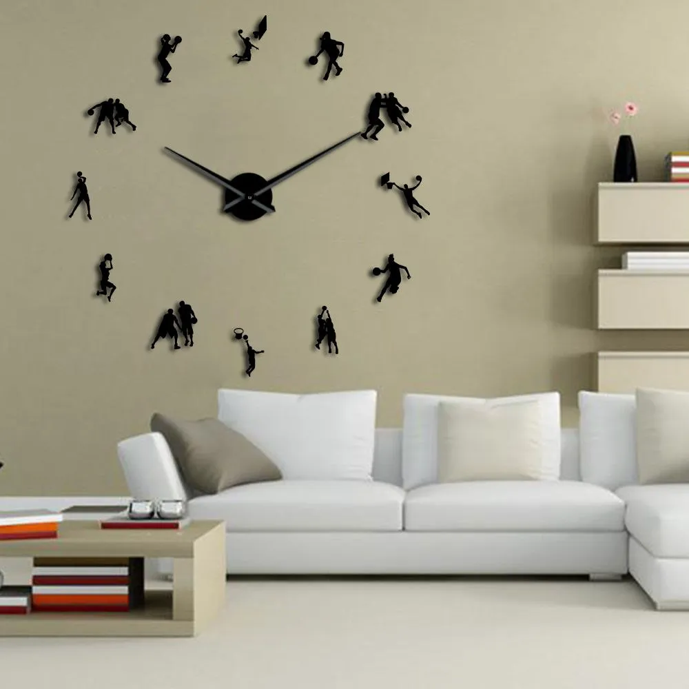 Basketball Players DIY Big Wall Clock Sports Room Salm Dunk Decorative Giant Clock Watch Mirror Effect Basketball Lovers Gift
