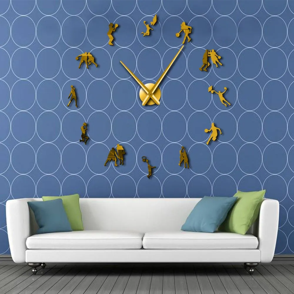 Basketball Players DIY Big Wall Clock Sports Room Salm Dunk Decorative Giant Clock Watch Mirror Effect Basketball Lovers Gift