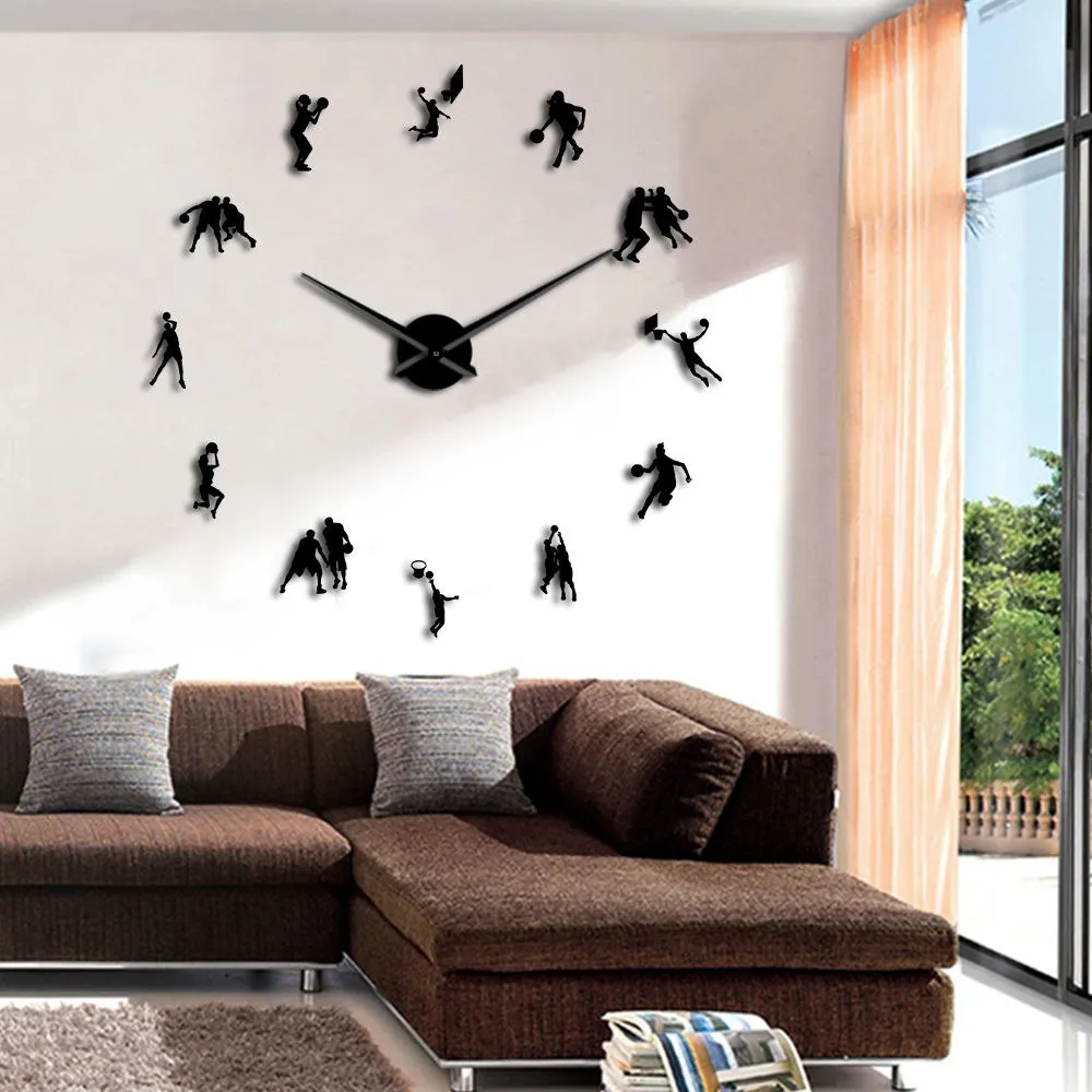 Basketball Players DIY Big Wall Clock Sports Room Salm Dunk Decorative Giant Clock Watch Mirror Effect Basketball Lovers Gift