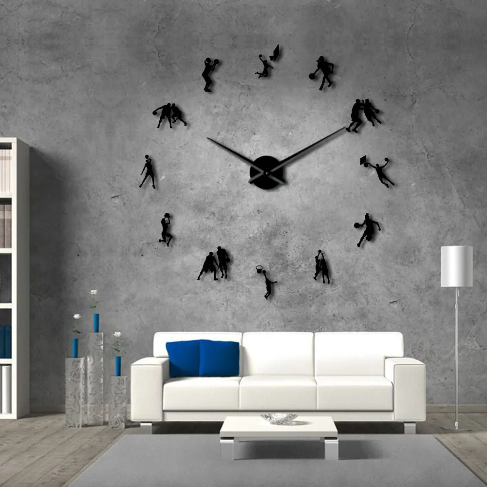 Basketball Players DIY Big Wall Clock Sports Room Salm Dunk Decorative Giant Clock Watch Mirror Effect Basketball Lovers Gift