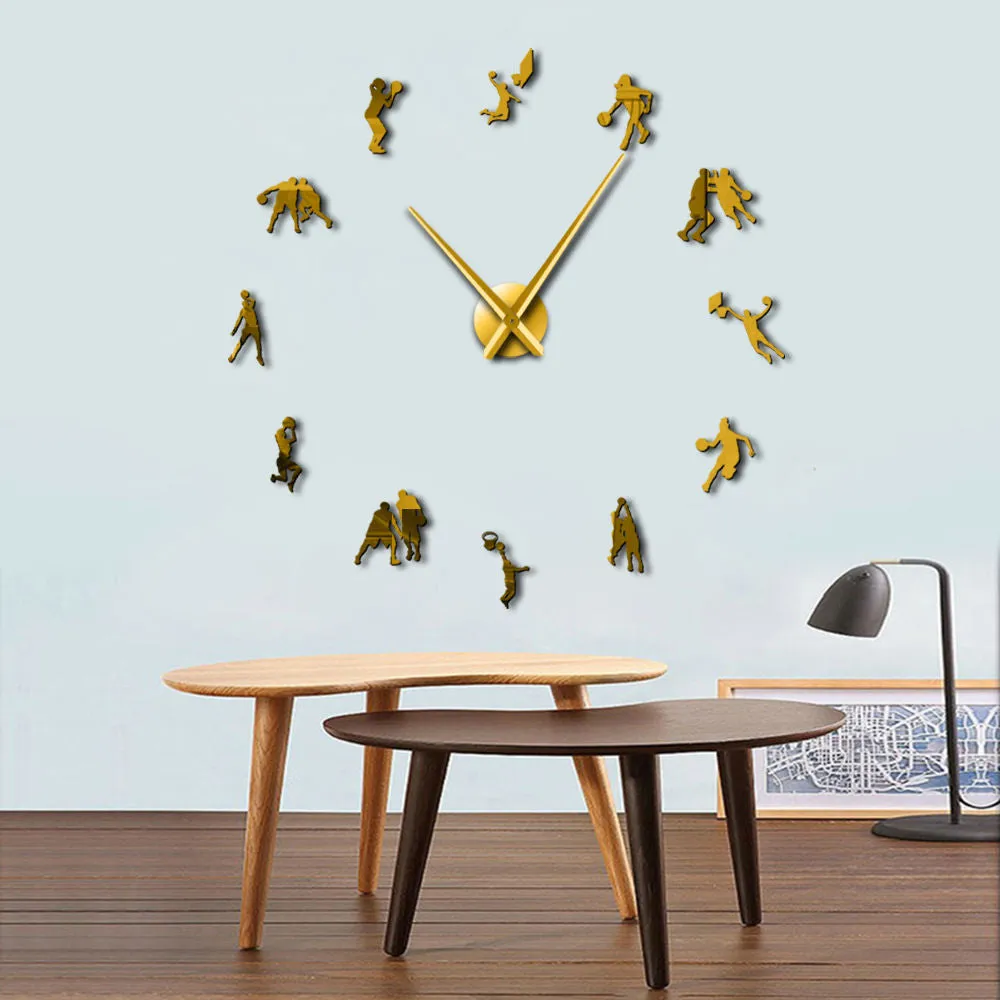 Basketball Players DIY Big Wall Clock Sports Room Salm Dunk Decorative Giant Clock Watch Mirror Effect Basketball Lovers Gift