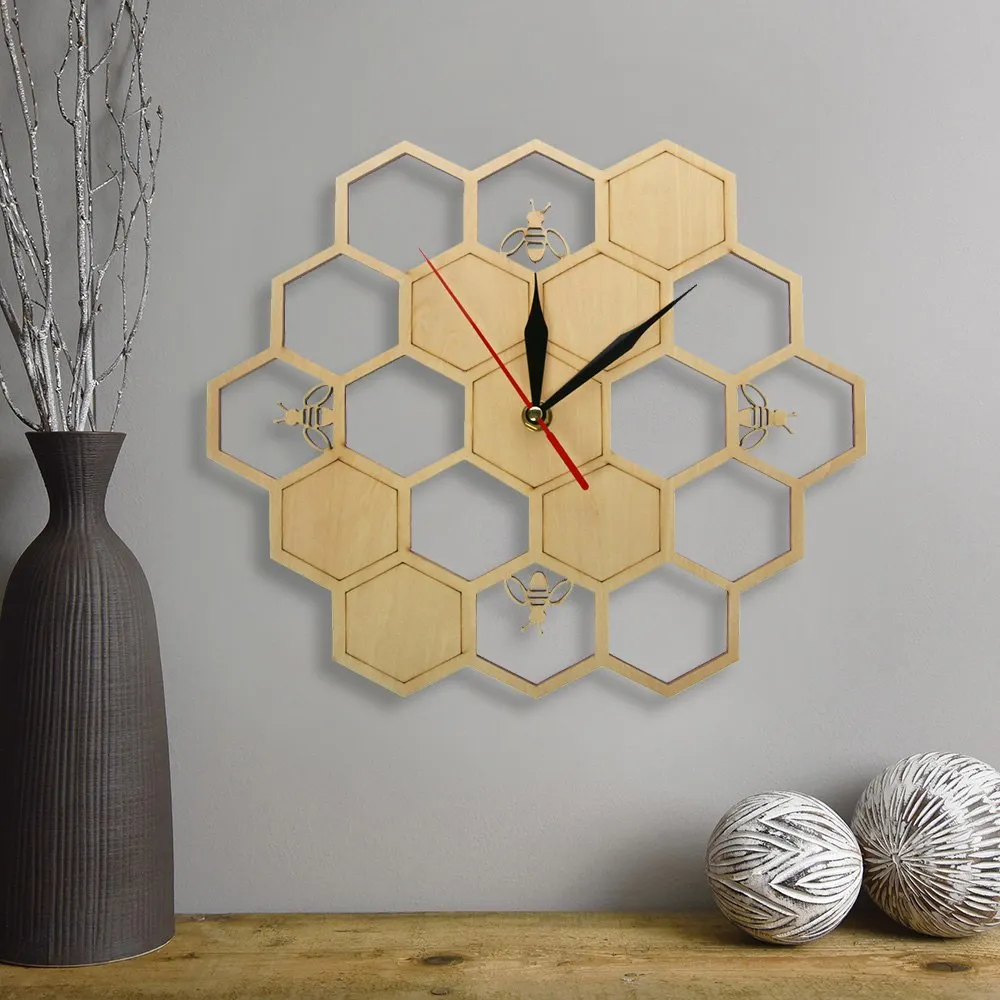 Bees and Honeycomb Natural Wooden Wall Clock Hexagon Wall Art Wood Bee Honey Contemporary Clock Watch Home Living Room Decor
