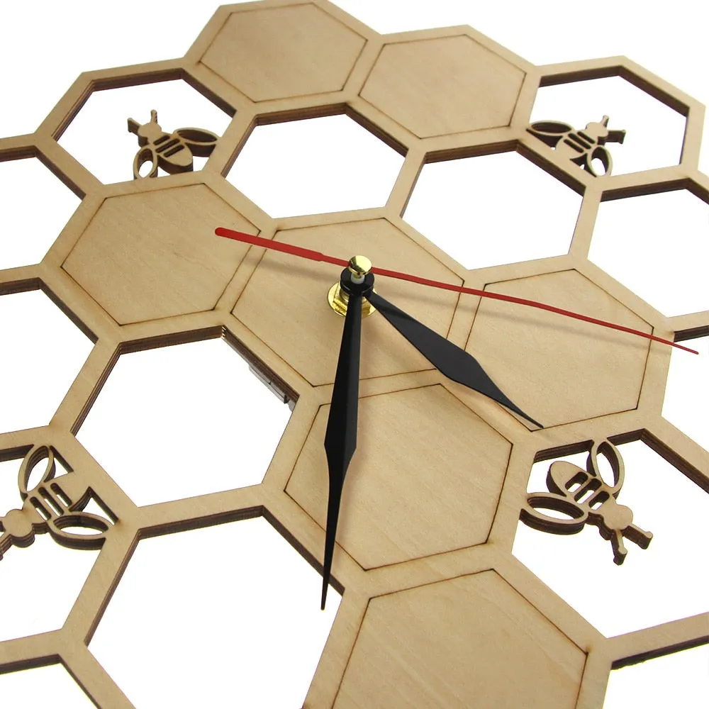 Bees and Honeycomb Natural Wooden Wall Clock Hexagon Wall Art Wood Bee Honey Contemporary Clock Watch Home Living Room Decor