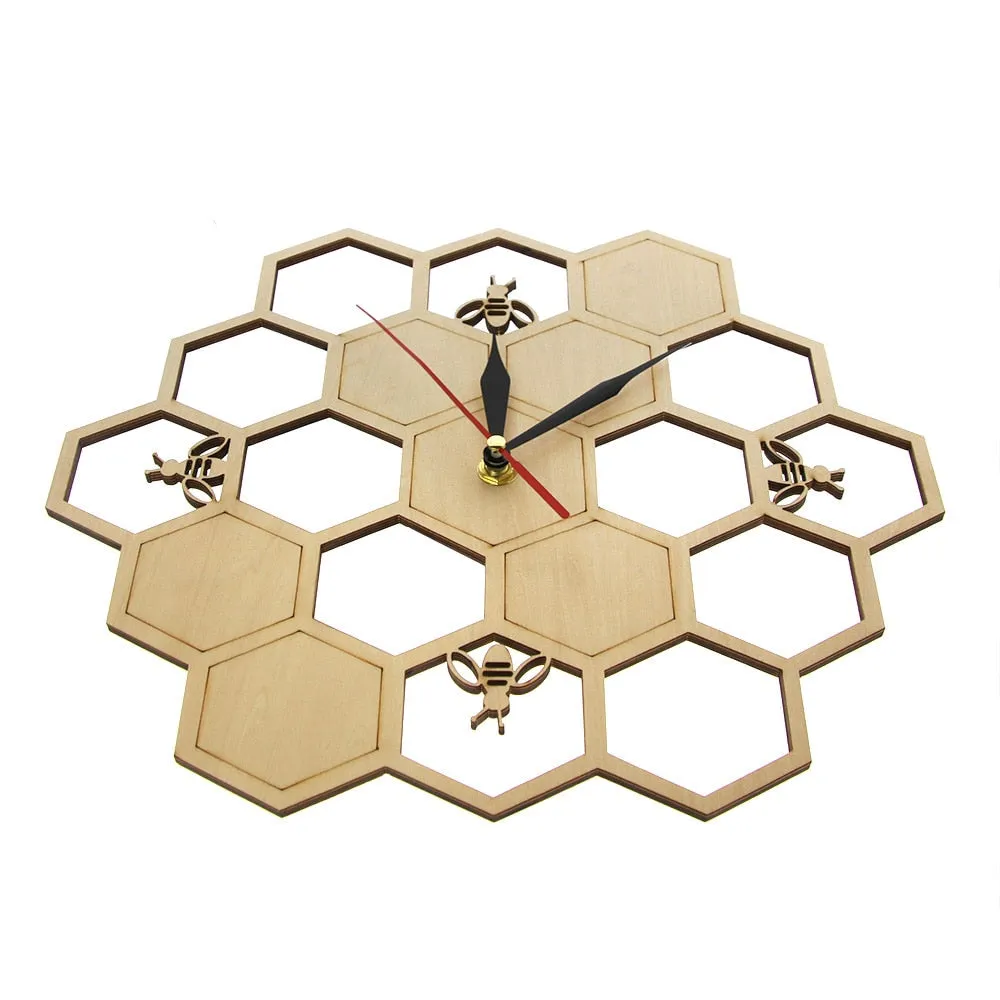Bees and Honeycomb Natural Wooden Wall Clock Hexagon Wall Art Wood Bee Honey Contemporary Clock Watch Home Living Room Decor