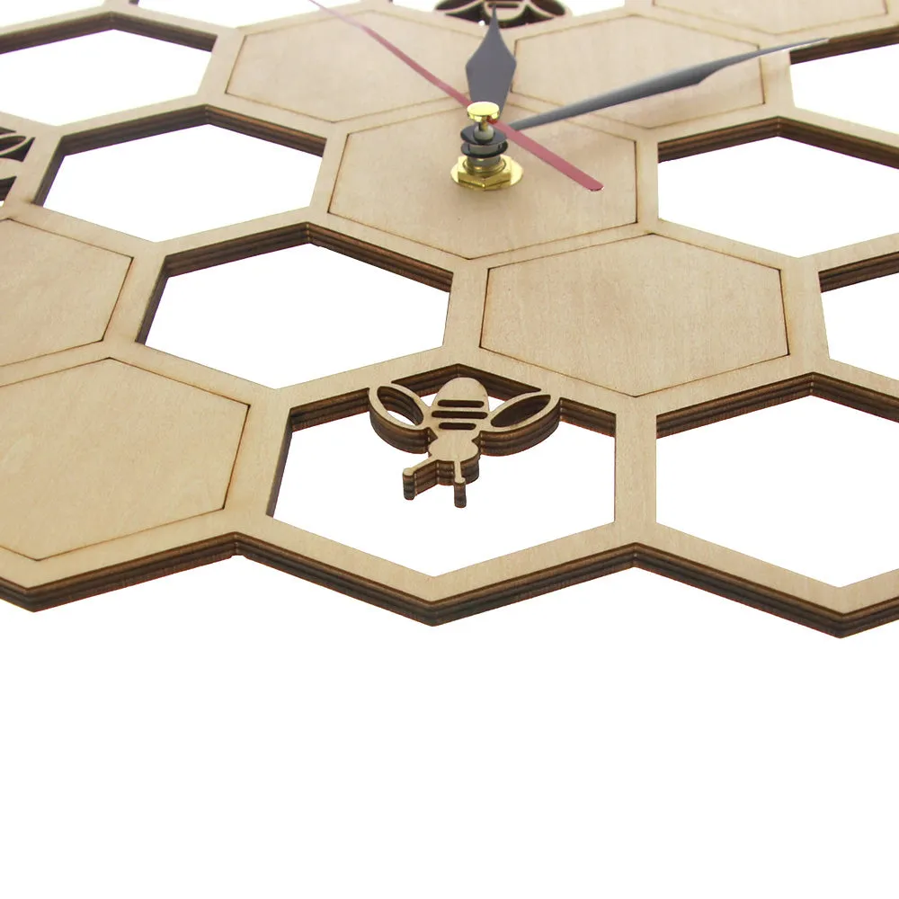 Bees and Honeycomb Natural Wooden Wall Clock Hexagon Wall Art Wood Bee Honey Contemporary Clock Watch Home Living Room Decor