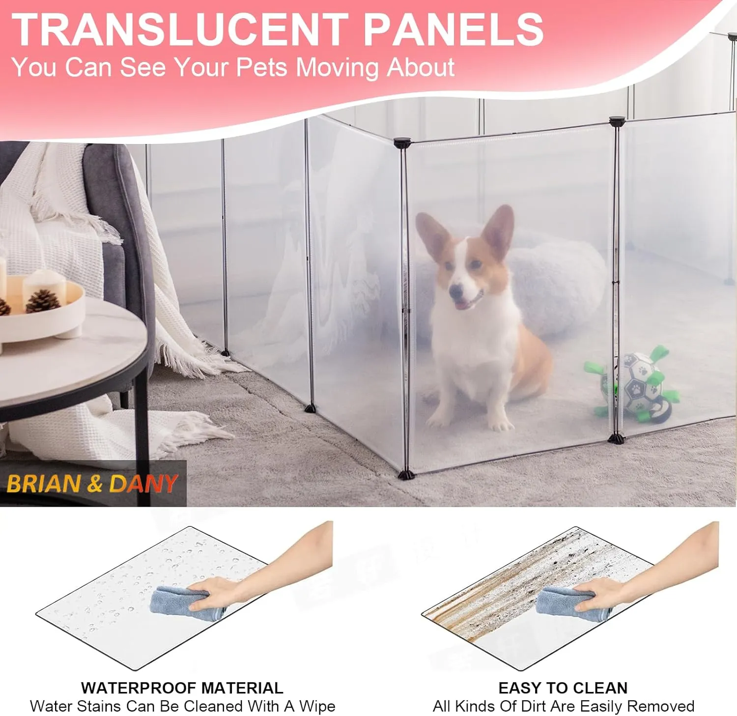 BRIAN & DANY Dog Playpen Portable for Small Animals, Dog Play Pen Indoor, Transparent Pet Playpen for Puppies, Cats, 70.8" L x 35.4" W x 29.5" H