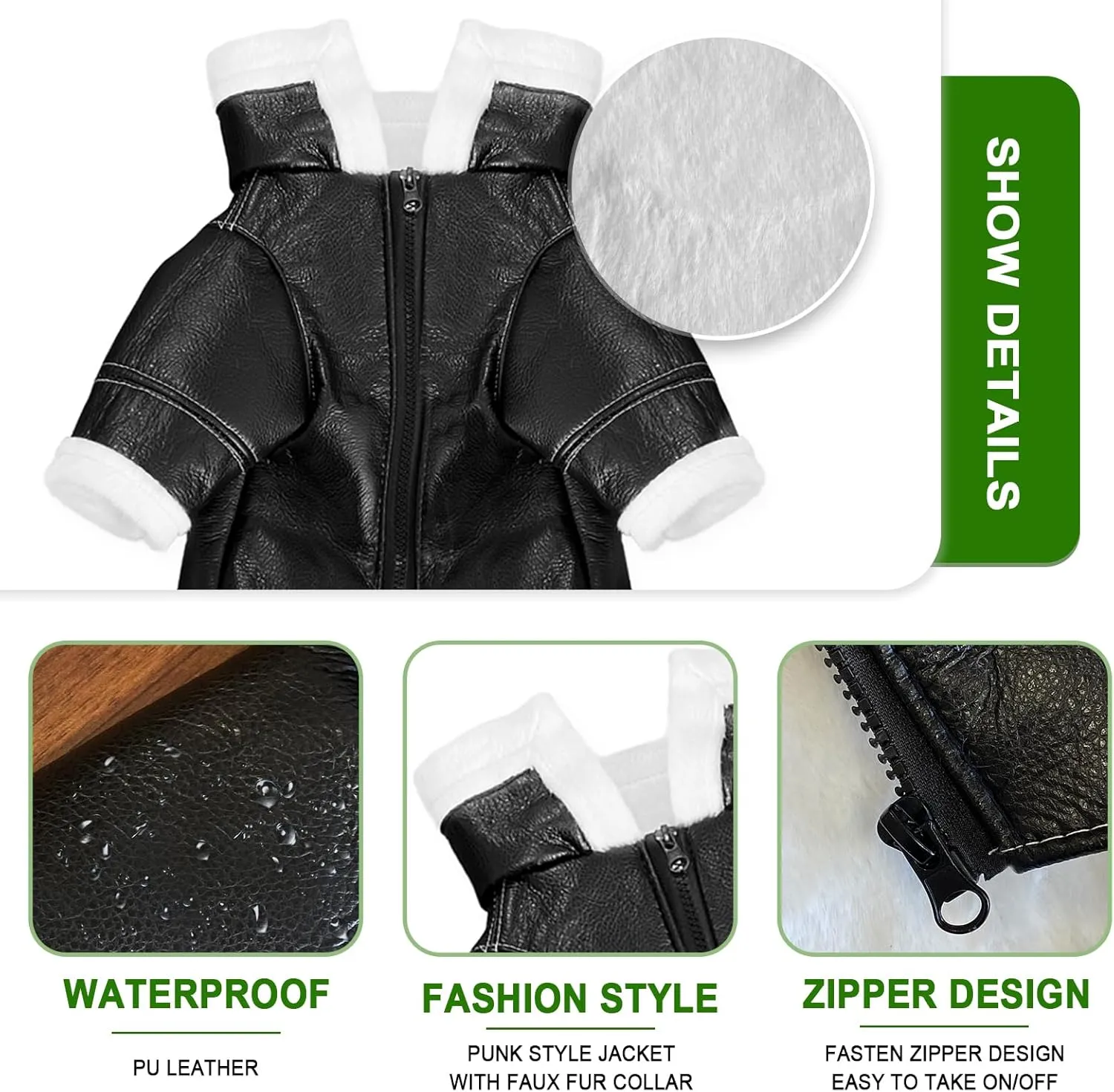 Cute Leather Dog Jackets Winter Coat Windproof Waterproof Warm Lined Jackets for Small Dogs Puppy (L)