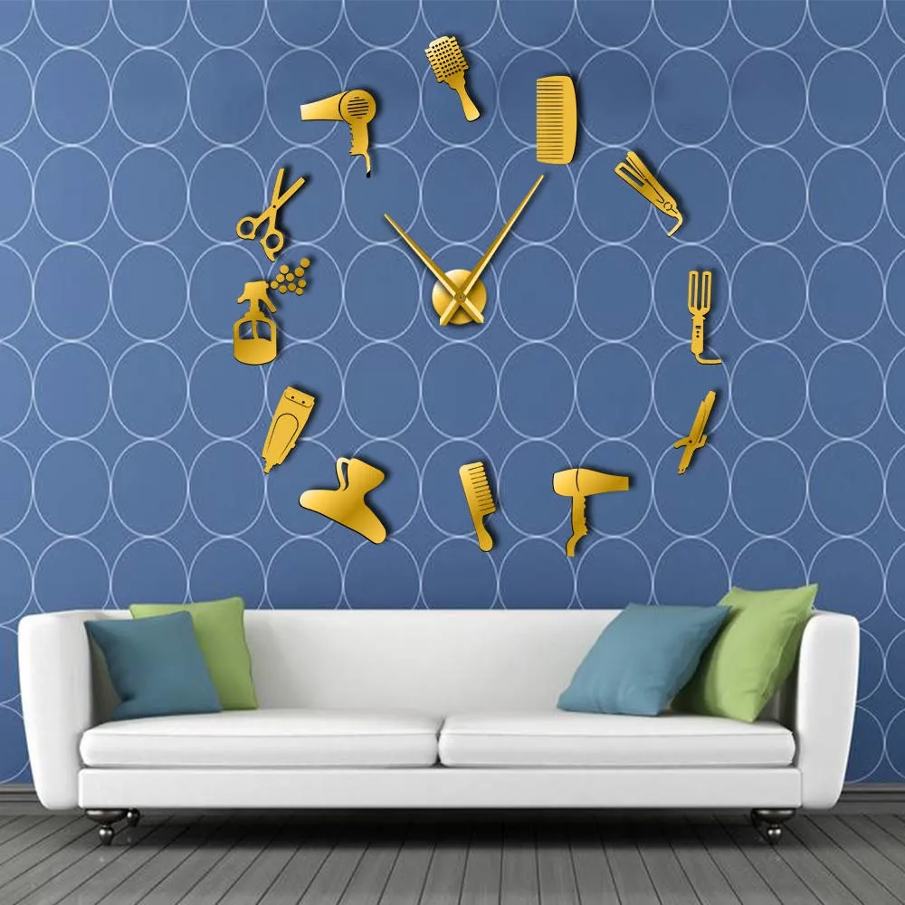DIY Barber Shop Giant Wall Clock With Mirror Effect Barber Toolkits Decorative Frameless Clock Watch Hairdresser Barber Wall Art