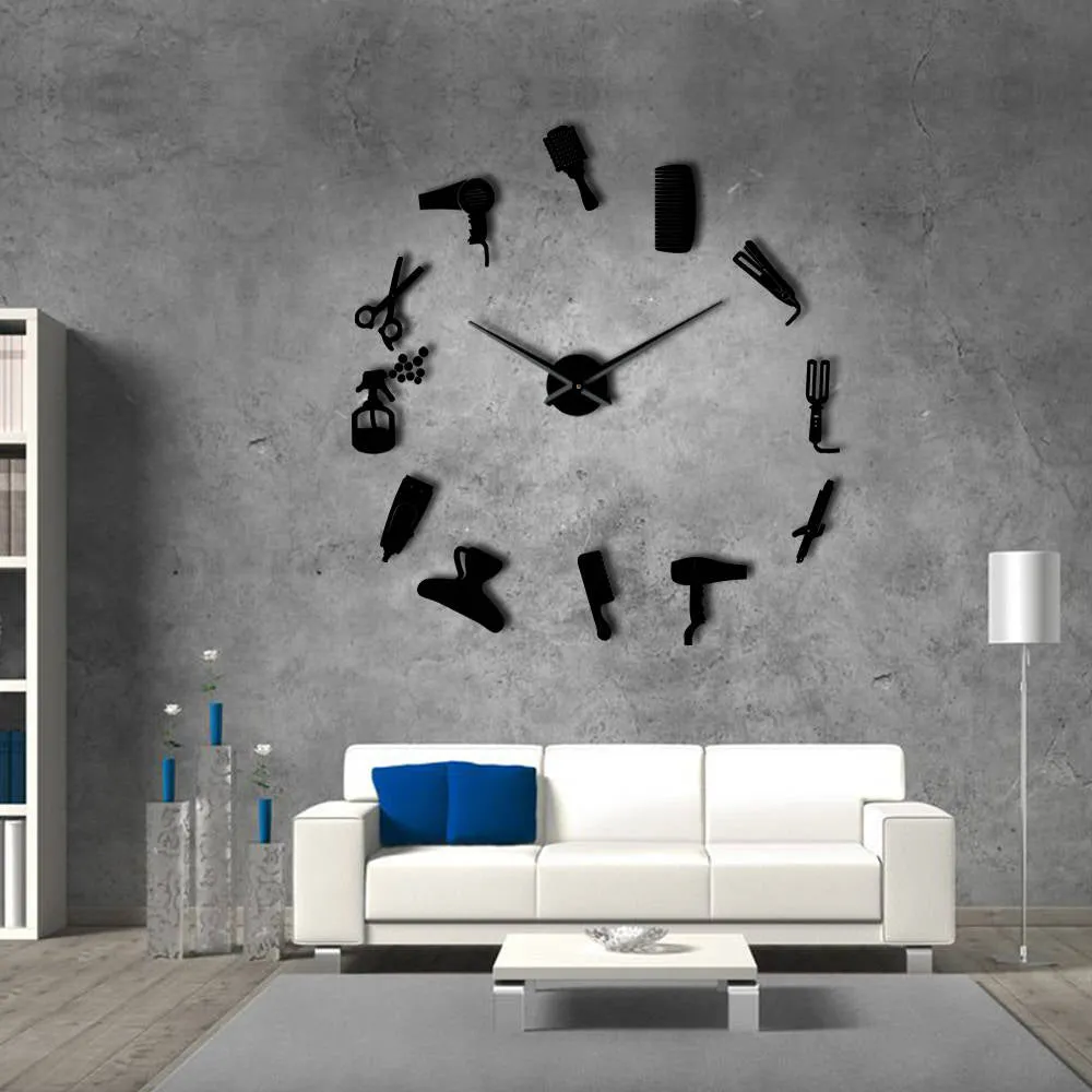 DIY Barber Shop Giant Wall Clock With Mirror Effect Barber Toolkits Decorative Frameless Clock Watch Hairdresser Barber Wall Art