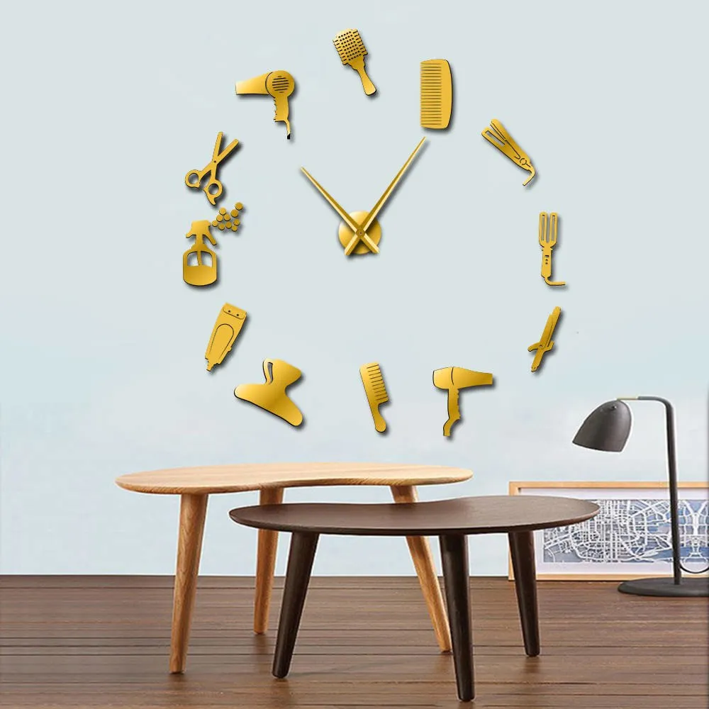 DIY Barber Shop Giant Wall Clock With Mirror Effect Barber Toolkits Decorative Frameless Clock Watch Hairdresser Barber Wall Art