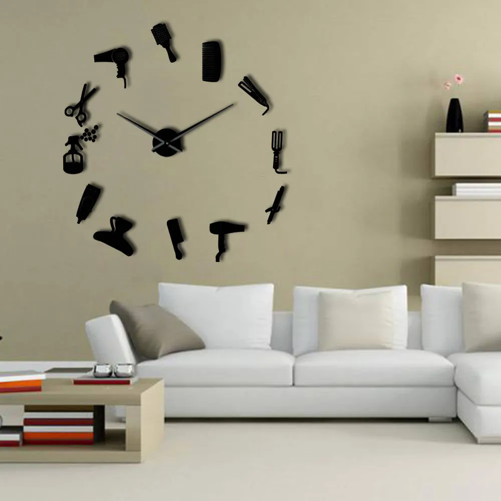 DIY Barber Shop Giant Wall Clock With Mirror Effect Barber Toolkits Decorative Frameless Clock Watch Hairdresser Barber Wall Art