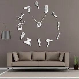 DIY Barber Shop Giant Wall Clock With Mirror Effect Barber Toolkits Decorative Frameless Clock Watch Hairdresser Barber Wall Art
