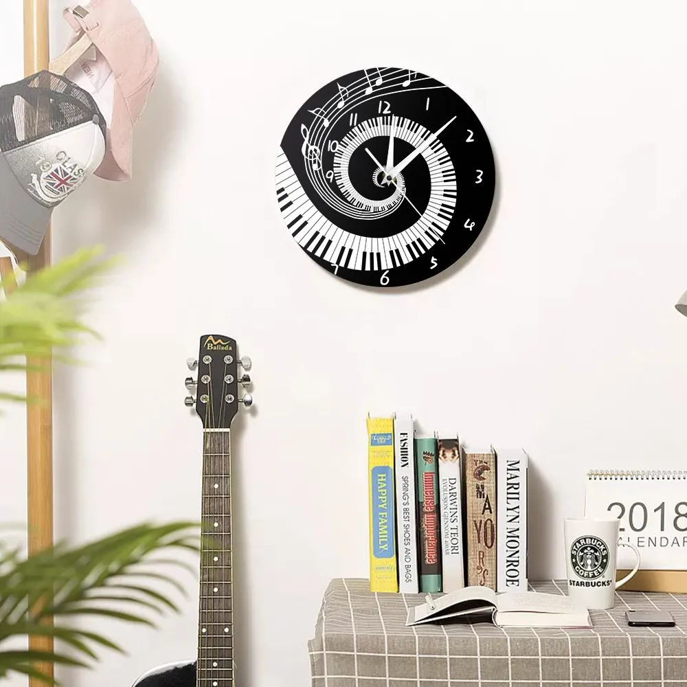 Elegant Piano Keys Black and White Modern Wall Clock Music Notes Wave Round Music Keyboard Wall Clock Music Lover Pianist Gift