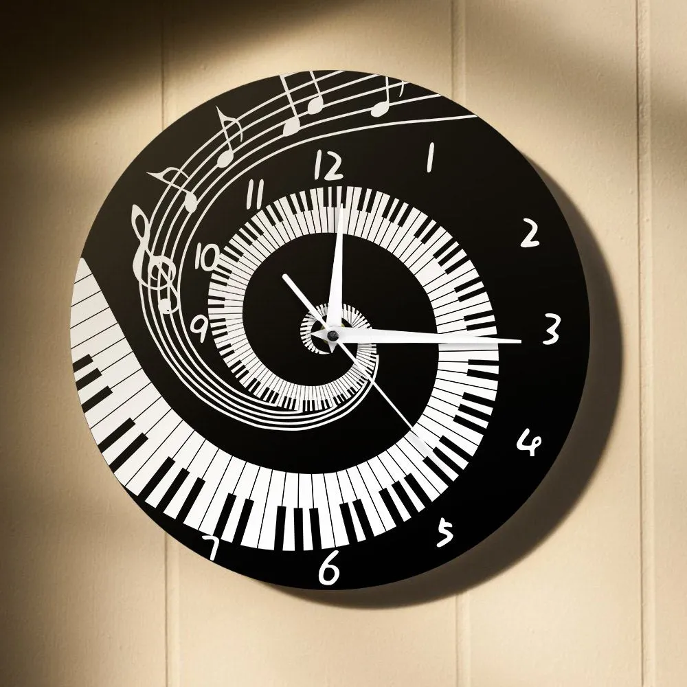 Elegant Piano Keys Black and White Modern Wall Clock Music Notes Wave Round Music Keyboard Wall Clock Music Lover Pianist Gift