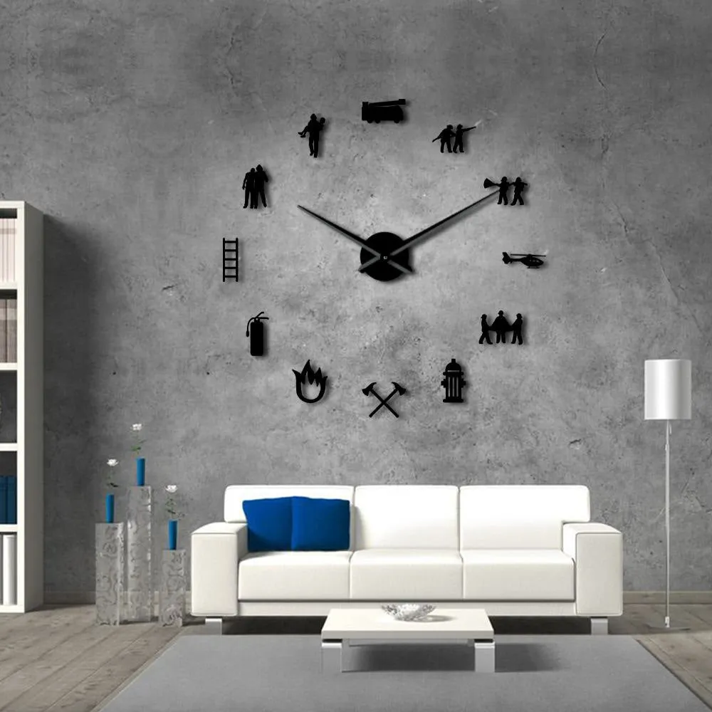 Firefighter Love DIY Giant Wall Clock Fire Department Office Big Clock Watch Firefighting Rescue Volunteer Axe Hydrant Equipment
