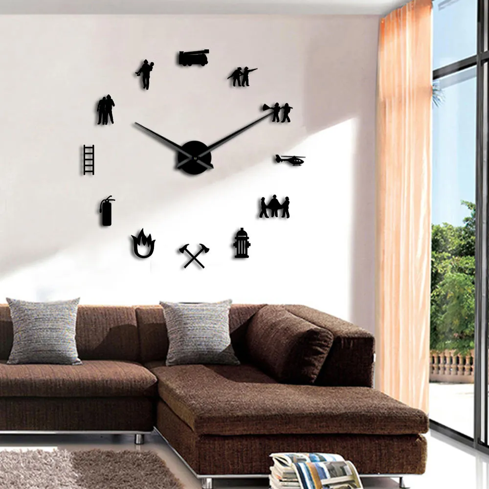 Firefighter Love DIY Giant Wall Clock Fire Department Office Big Clock Watch Firefighting Rescue Volunteer Axe Hydrant Equipment