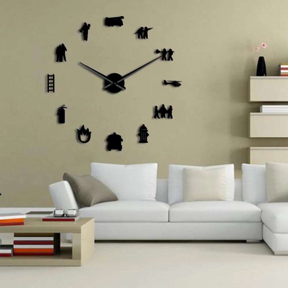 Firefighter Love DIY Giant Wall Clock Fire Department Office Big Clock Watch Firefighting Rescue Volunteer Axe Hydrant Equipment