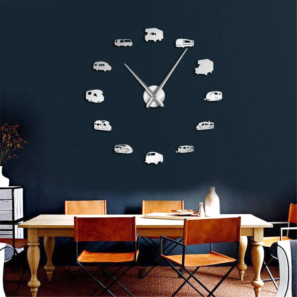 Happy Camper Motorhome Home Decor RV Camping DIY Giant Wall Clock Travel Trailer Transportation Recreational Vehicles Wall Watch