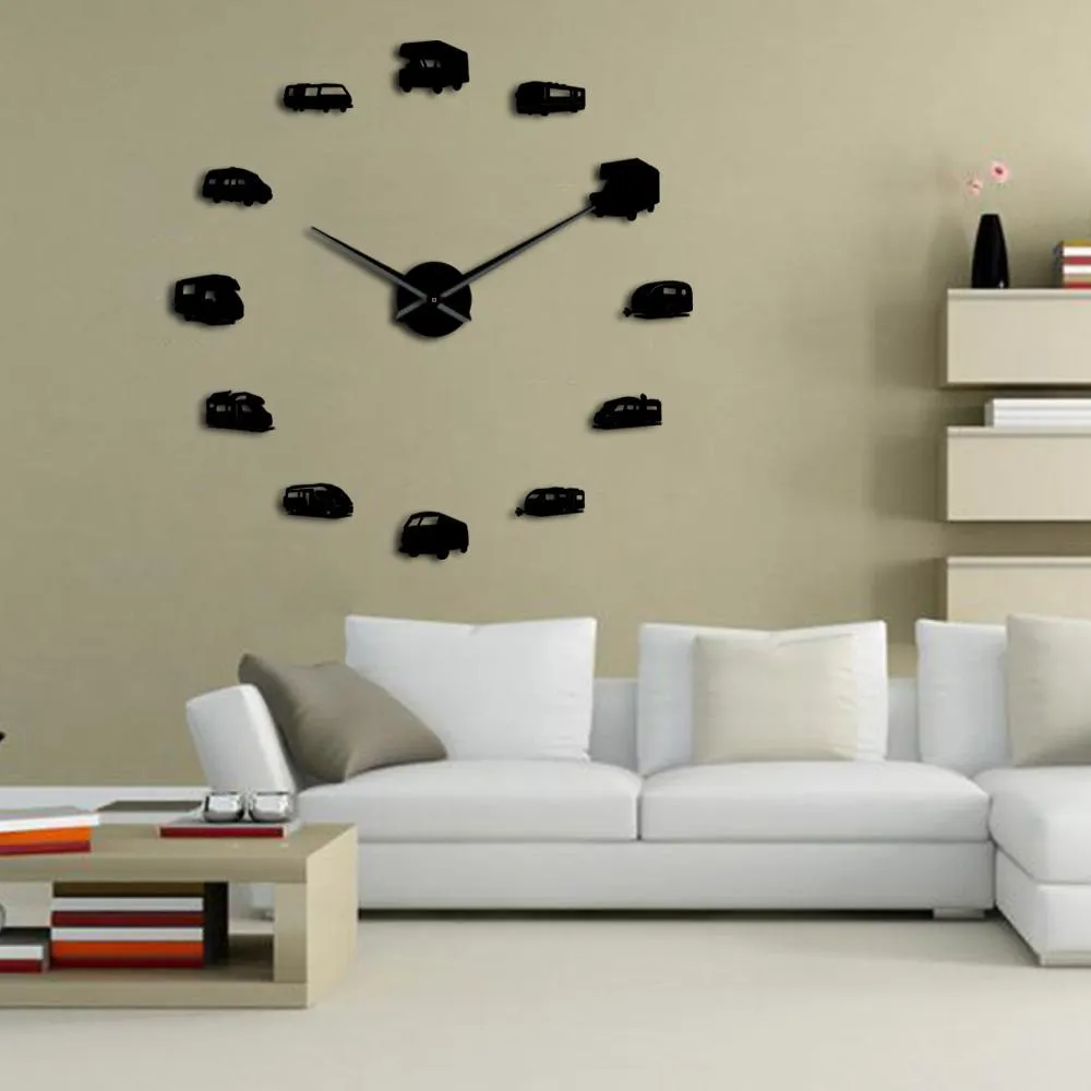 Happy Camper Motorhome Home Decor RV Camping DIY Giant Wall Clock Travel Trailer Transportation Recreational Vehicles Wall Watch