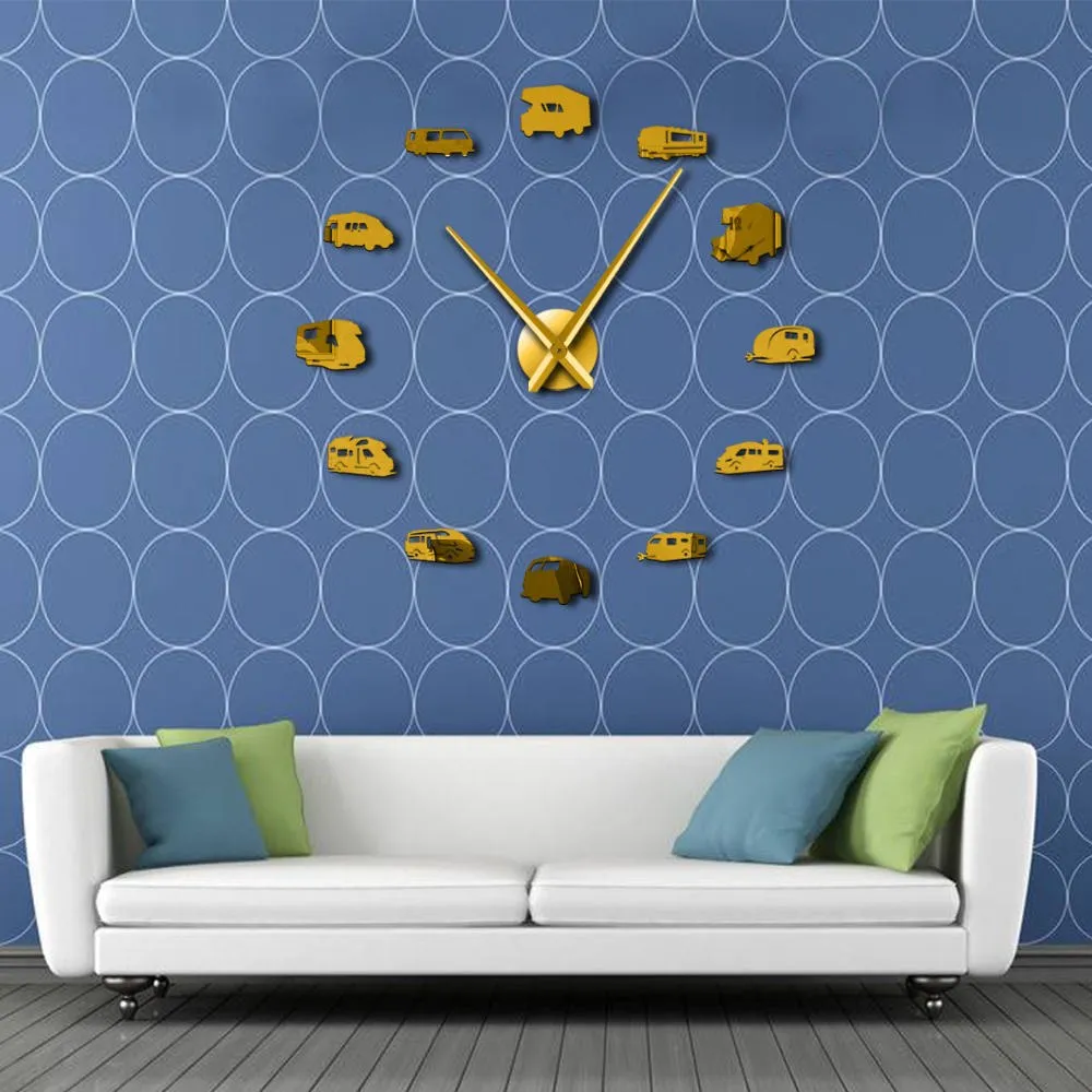Happy Camper Motorhome Home Decor RV Camping DIY Giant Wall Clock Travel Trailer Transportation Recreational Vehicles Wall Watch