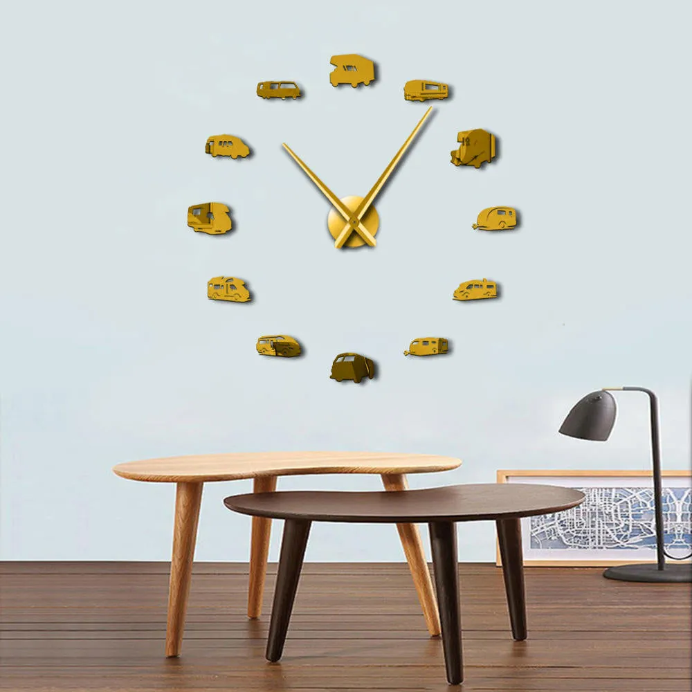 Happy Camper Motorhome Home Decor RV Camping DIY Giant Wall Clock Travel Trailer Transportation Recreational Vehicles Wall Watch