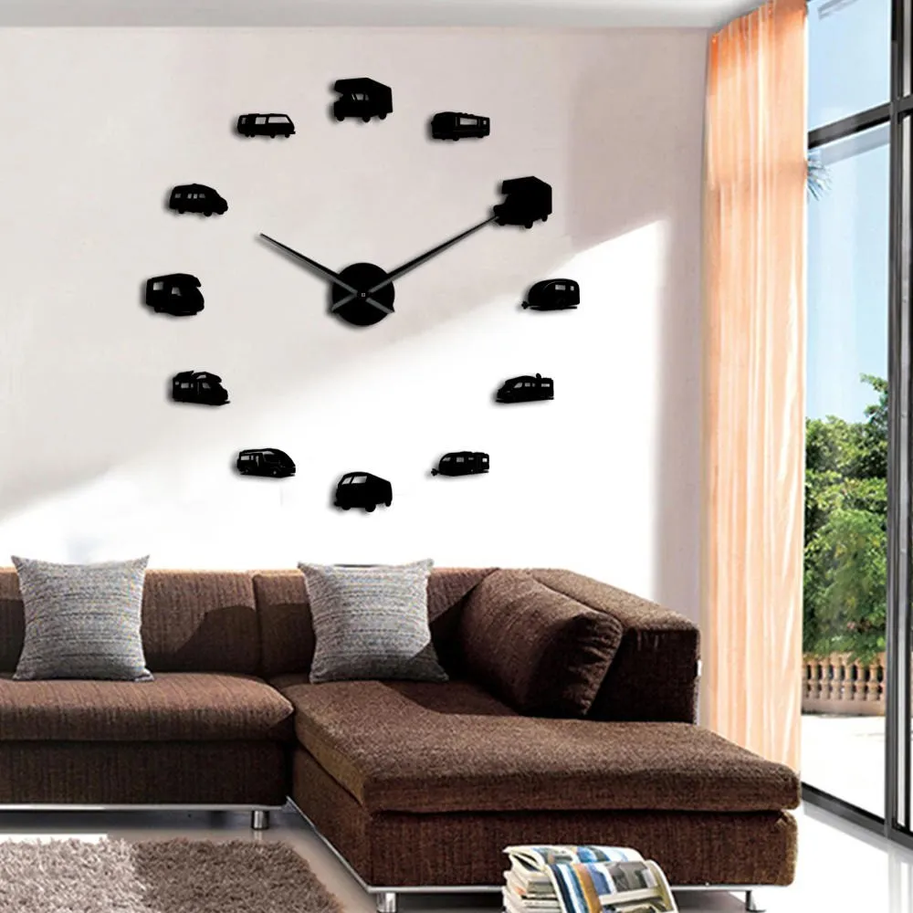 Happy Camper Motorhome Home Decor RV Camping DIY Giant Wall Clock Travel Trailer Transportation Recreational Vehicles Wall Watch