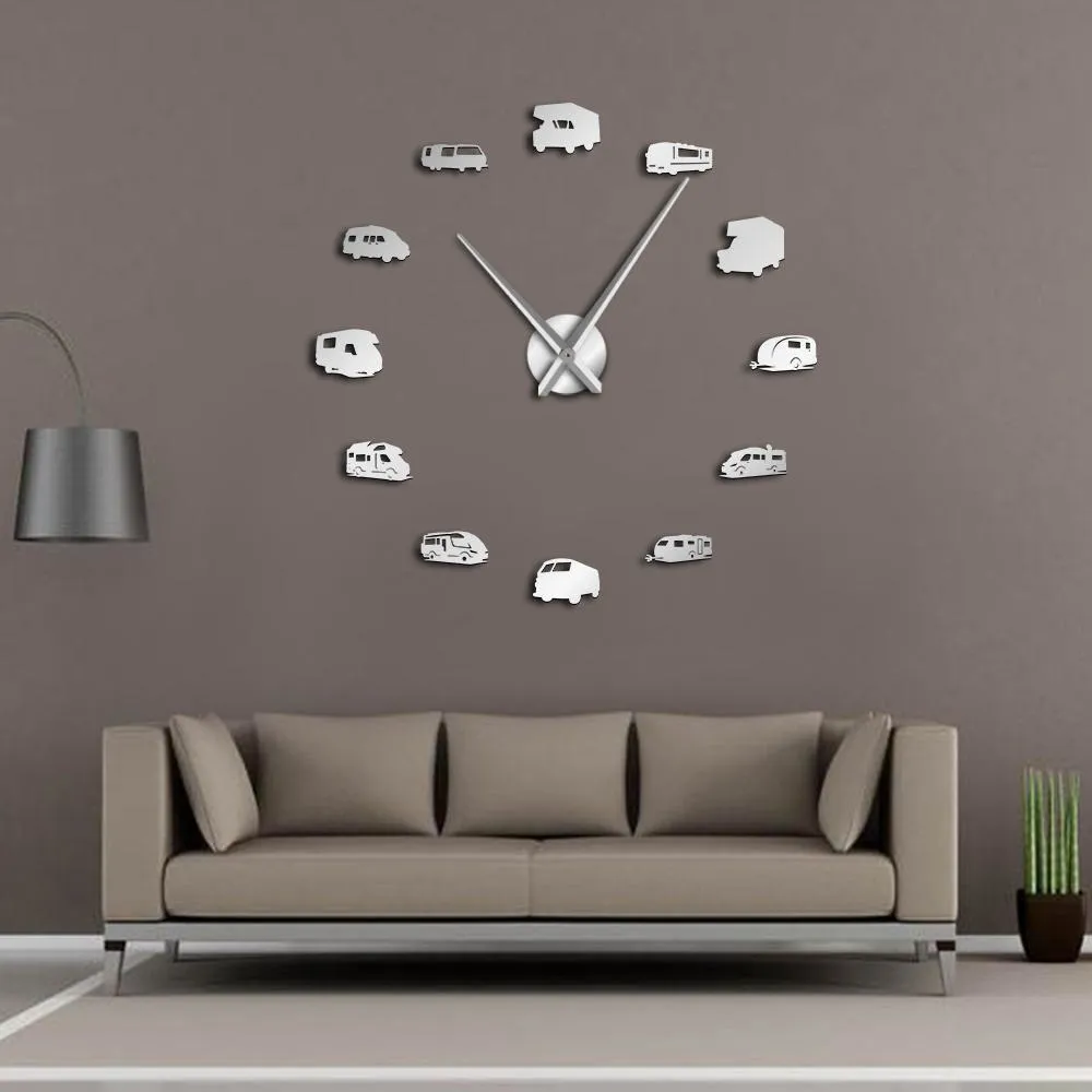 Happy Camper Motorhome Home Decor RV Camping DIY Giant Wall Clock Travel Trailer Transportation Recreational Vehicles Wall Watch