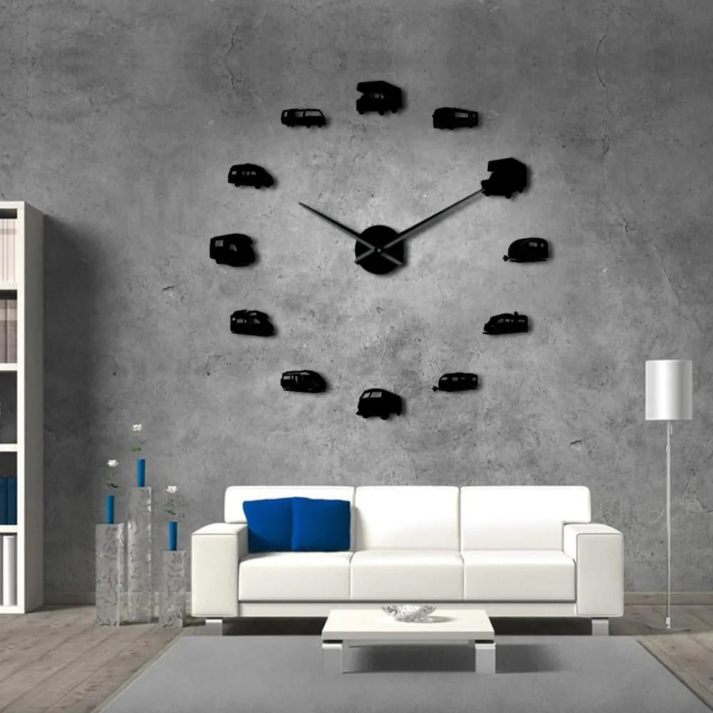 Happy Camper Motorhome Home Decor RV Camping DIY Giant Wall Clock Travel Trailer Transportation Recreational Vehicles Wall Watch