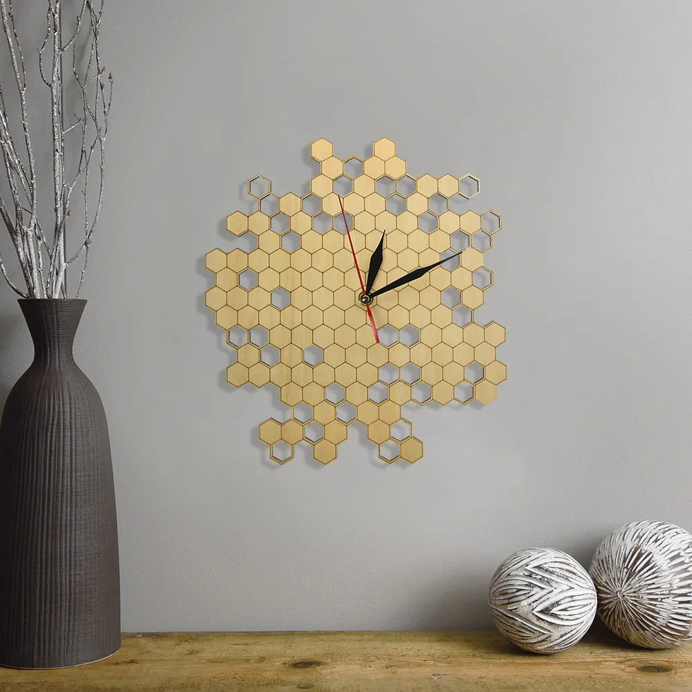Honeycomb Nature Inspired Wooden Wall Clock Contemporary Style Laser Engraved Hexagonal Clock  Bamboo Bee