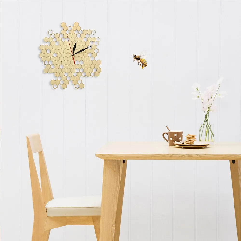 Honeycomb Nature Inspired Wooden Wall Clock Contemporary Style Laser Engraved Hexagonal Clock  Bamboo Bee