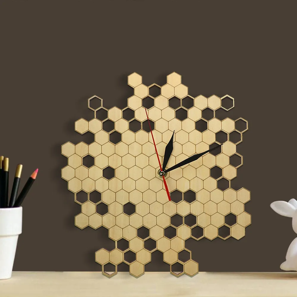 Honeycomb Nature Inspired Wooden Wall Clock Contemporary Style Laser Engraved Hexagonal Clock  Bamboo Bee