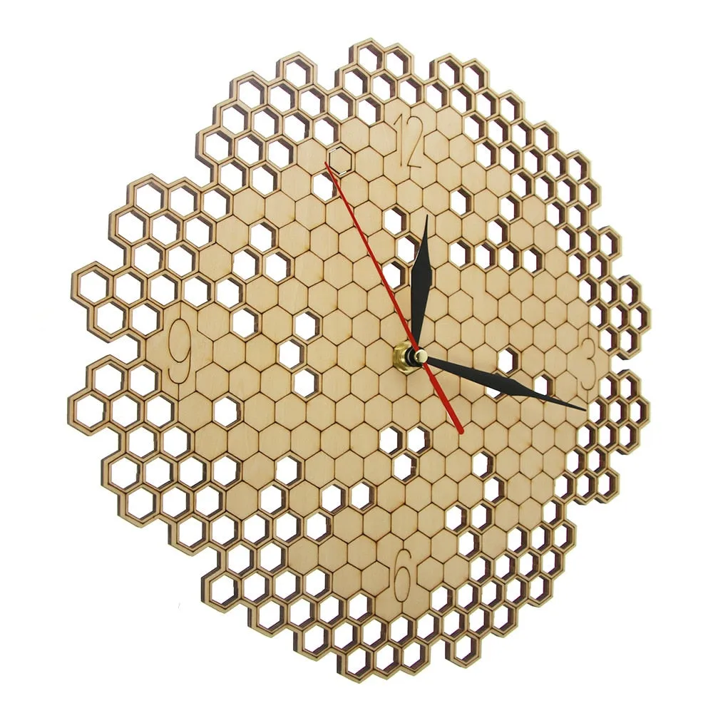 Honeycomb Wood Geometric Wall Clock Hexagon Minimalist Living Room Decor Hanging Natural Rustic Clock  Bee Lovers Gift