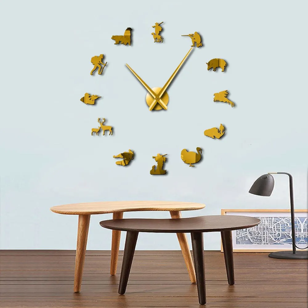 Hunting DIY Giant Wall Clock Animal Hunters Exclusive Big Time Clock Watch Hunting Club Wall Decor Mirror Effect DIY Wall Art