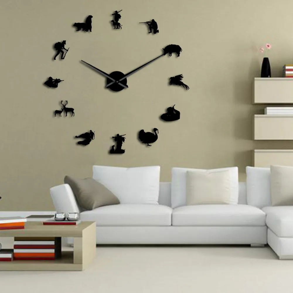 Hunting DIY Giant Wall Clock Animal Hunters Exclusive Big Time Clock Watch Hunting Club Wall Decor Mirror Effect DIY Wall Art