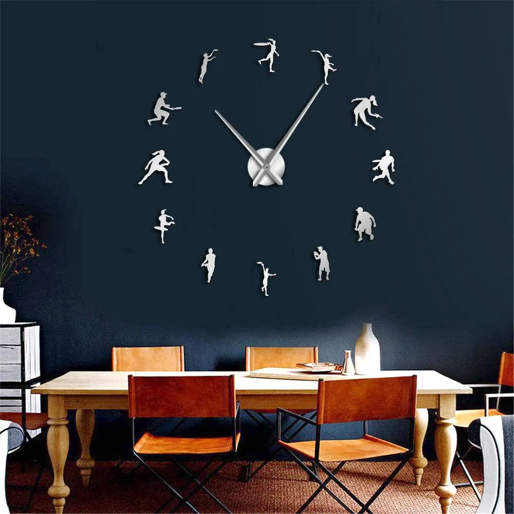 Male and Female Tennis Players DIY Giant Wall Clock Tennis Lover Living Room Wall Art Frameless Mirror Effect Modern Clock Watch