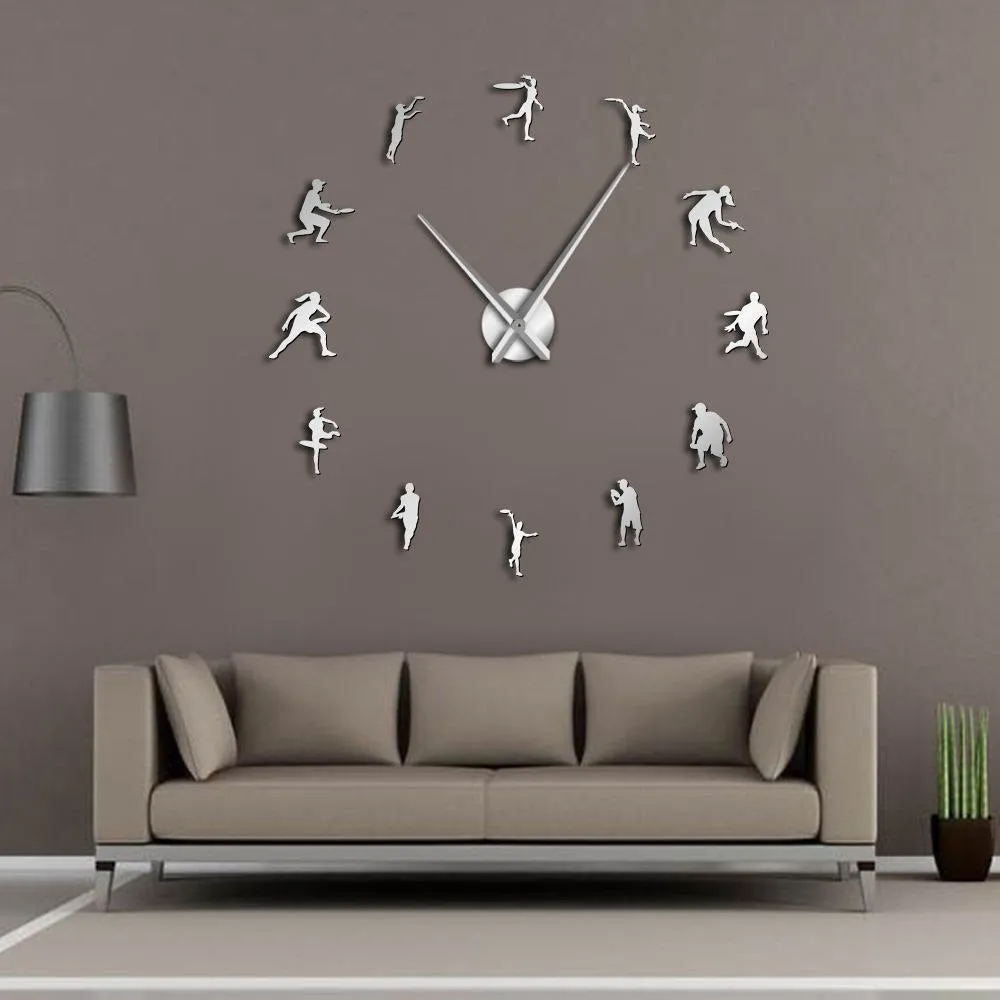 Male and Female Tennis Players DIY Giant Wall Clock Tennis Lover Living Room Wall Art Frameless Mirror Effect Modern Clock Watch