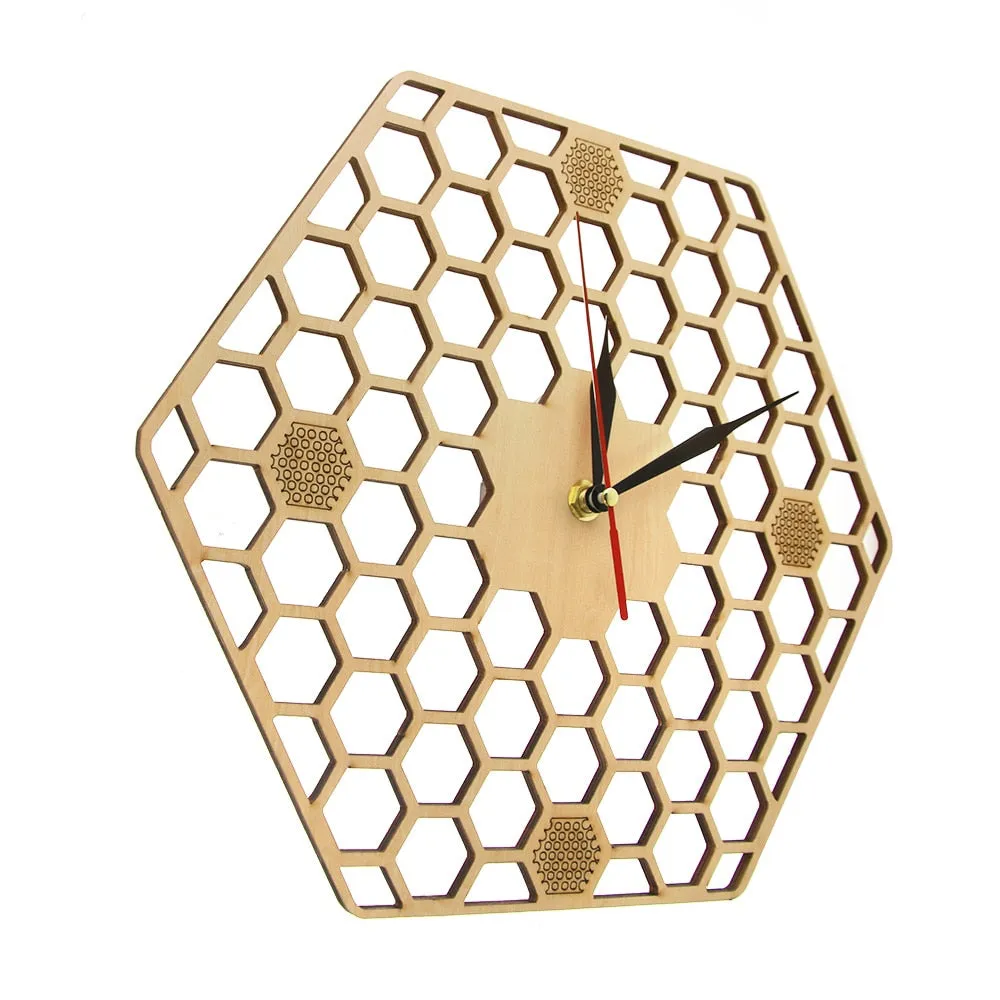 Minimal honeycomb Wood Wall Clock Hexagonal  Geometric Wall Clock Bee Lover  Contemporary Rustic Wood Clock Watch