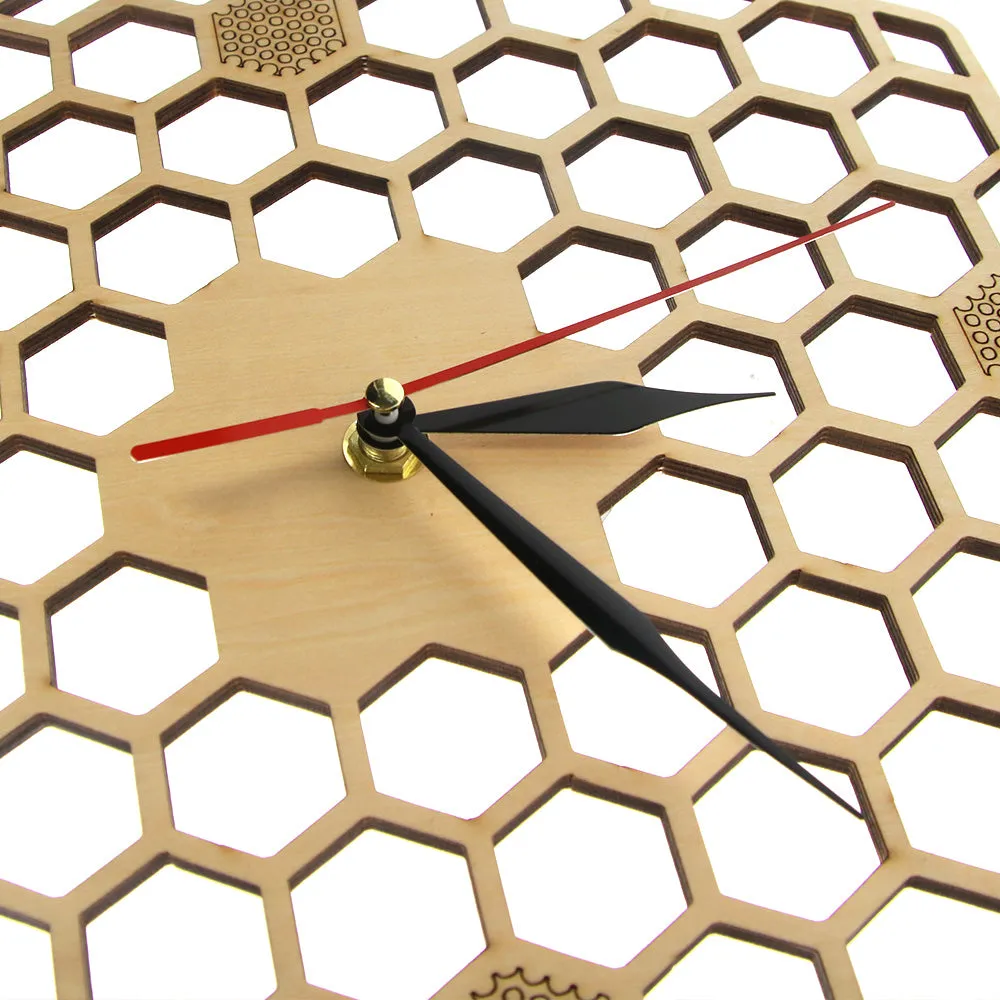 Minimal honeycomb Wood Wall Clock Hexagonal  Geometric Wall Clock Bee Lover  Contemporary Rustic Wood Clock Watch