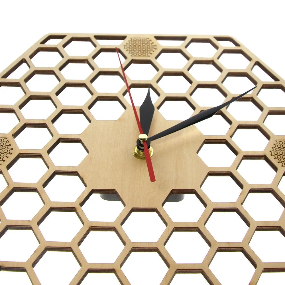 Minimal honeycomb Wood Wall Clock Hexagonal  Geometric Wall Clock Bee Lover  Contemporary Rustic Wood Clock Watch