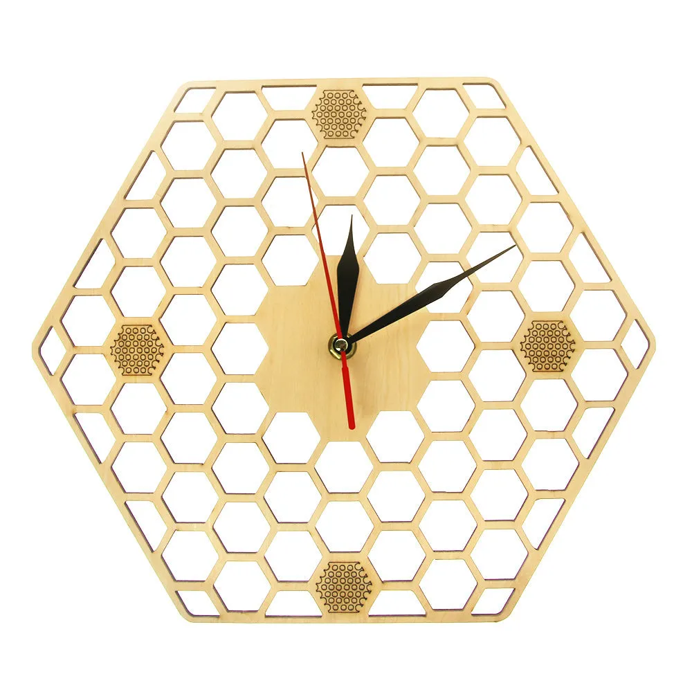 Minimal honeycomb Wood Wall Clock Hexagonal  Geometric Wall Clock Bee Lover  Contemporary Rustic Wood Clock Watch