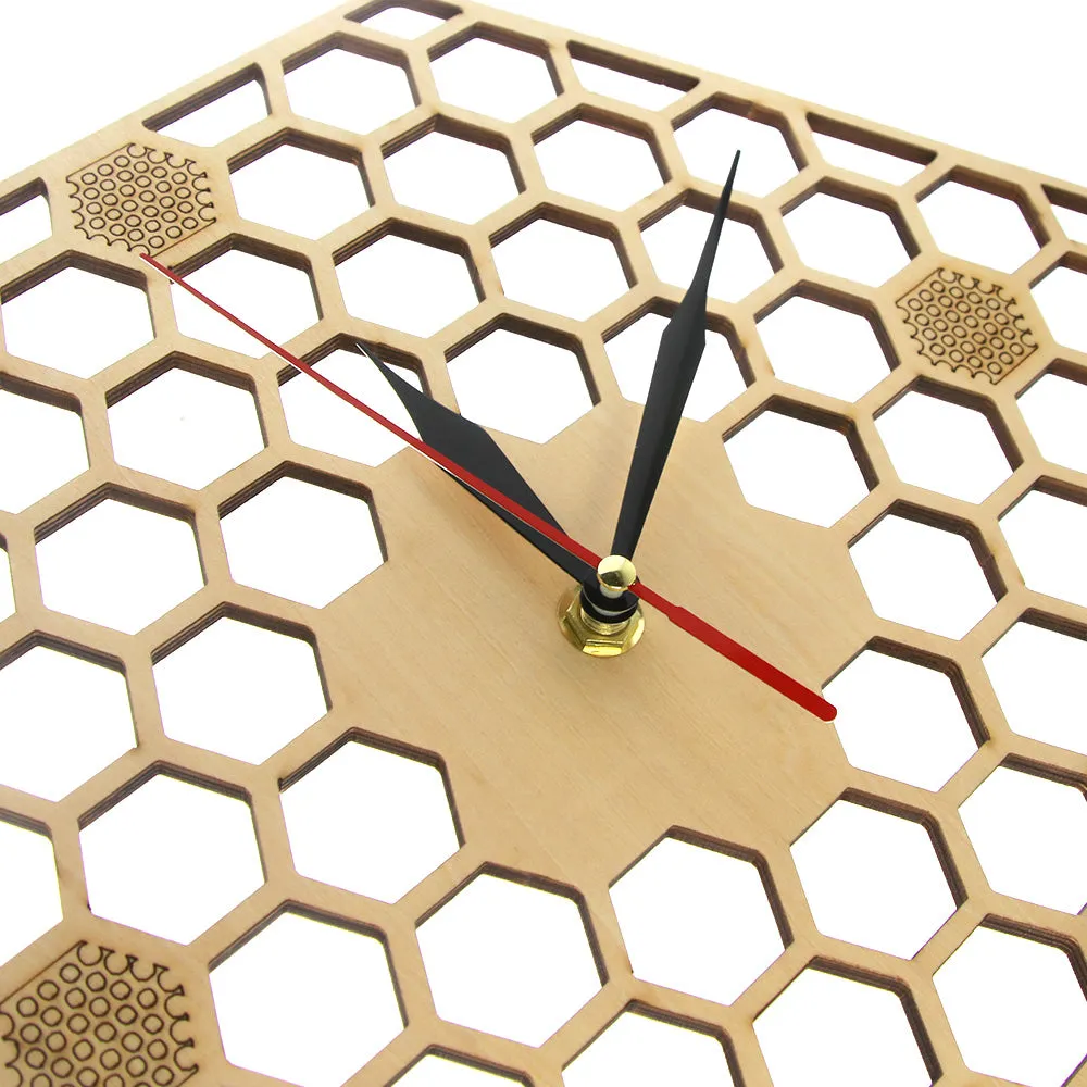 Minimal honeycomb Wood Wall Clock Hexagonal  Geometric Wall Clock Bee Lover  Contemporary Rustic Wood Clock Watch