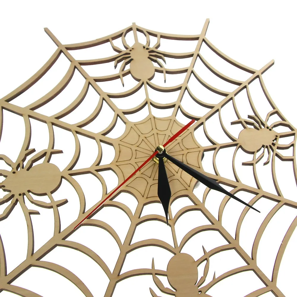 Modern Cob Web Wall Clock in Natural Wood Halloween Nightmare Creepy Spider Wooden Wall Clock Onyx Man Cave Home Decor Gift