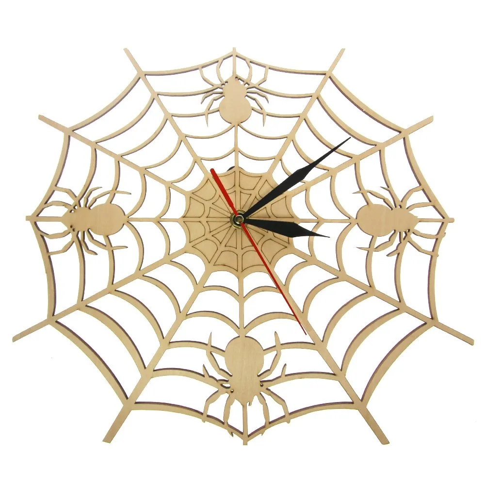 Modern Cob Web Wall Clock in Natural Wood Halloween Nightmare Creepy Spider Wooden Wall Clock Onyx Man Cave Home Decor Gift