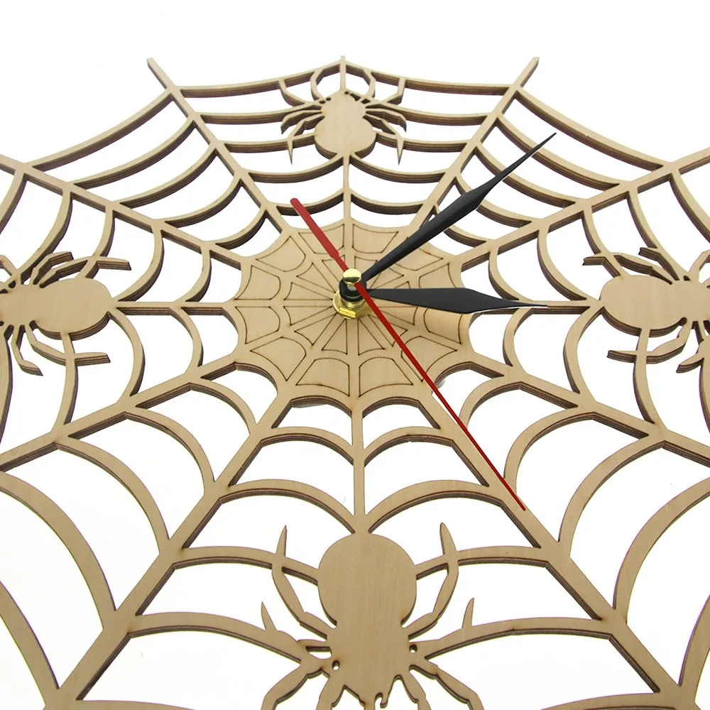 Modern Cob Web Wall Clock in Natural Wood Halloween Nightmare Creepy Spider Wooden Wall Clock Onyx Man Cave Home Decor Gift
