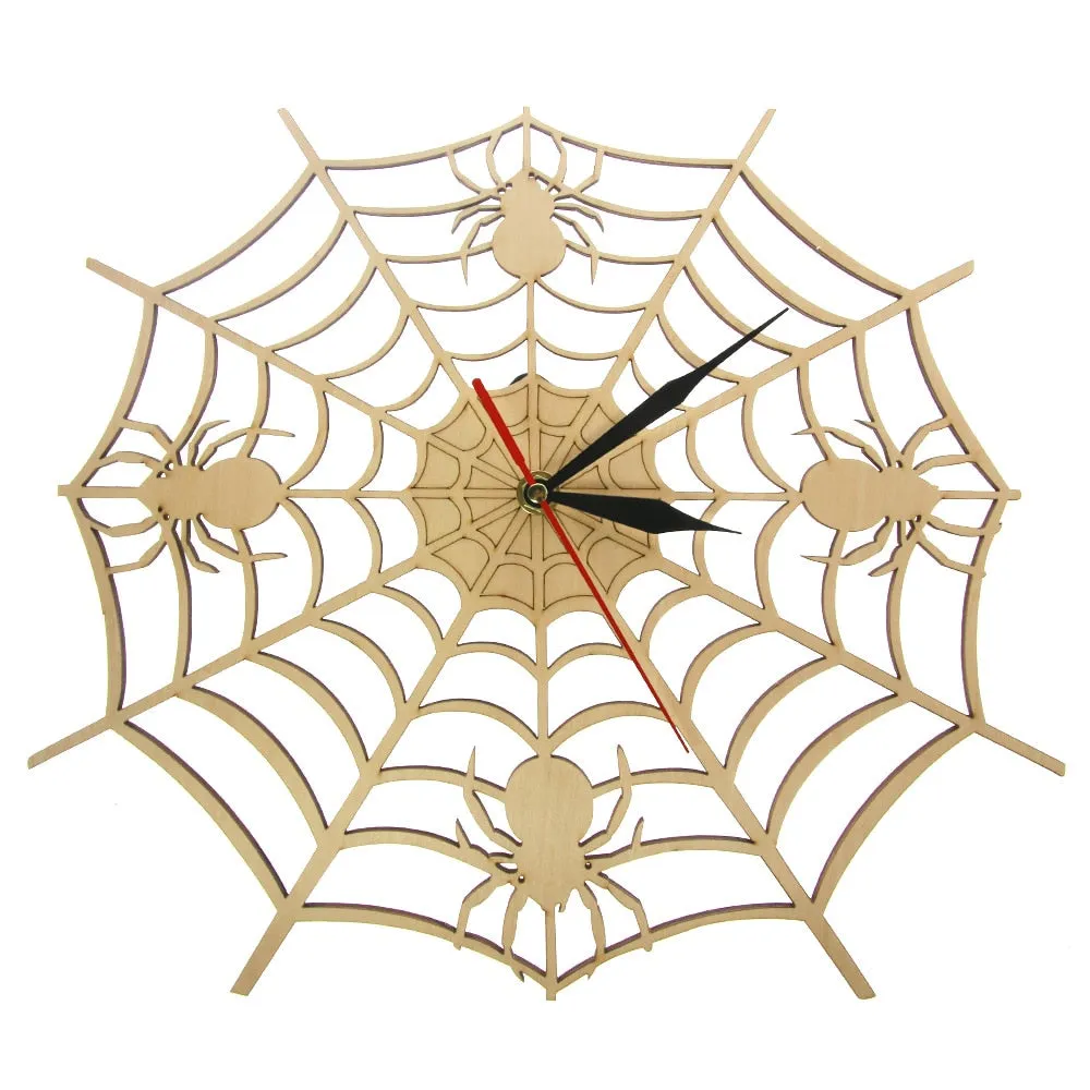 Modern Cob Web Wall Clock in Natural Wood Halloween Nightmare Creepy Spider Wooden Wall Clock Onyx Man Cave