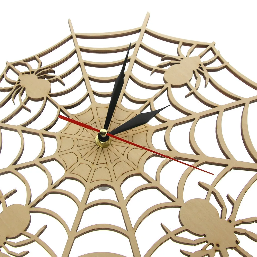 Modern Cob Web Wall Clock in Natural Wood Halloween Nightmare Creepy Spider Wooden Wall Clock Onyx Man Cave